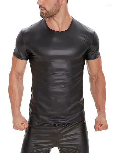 Erkek Tişörtleri S-5XL Kısa Kollu PU Deri Gömlek Erkek Tayt Vücut Yapma Kas Tees Fitness Shapers Cosplay Clubwear Gotik Üstler
