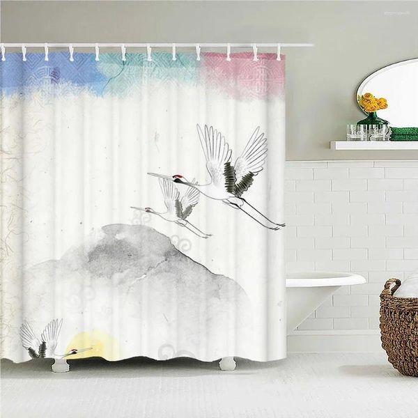Tende da doccia Fiori e uccelli cinesi Tenda da bagno di loto Stampa 3D Paesaggio Tessuto impermeabile Decorazione della casa