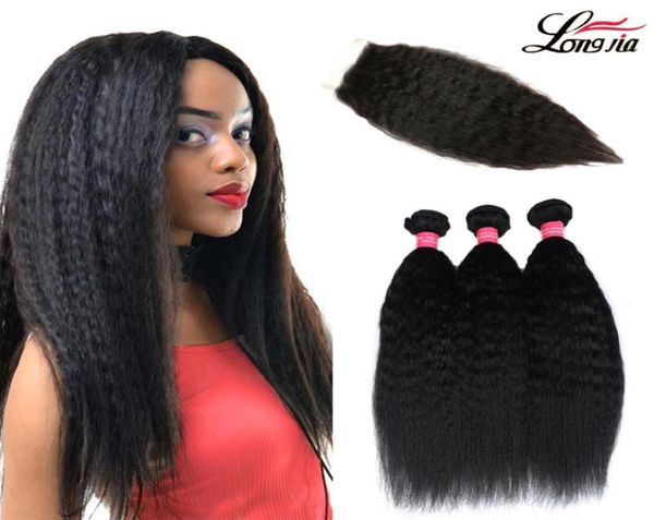 Peruano kinky cabelo reto tecer pacotes com fechamento 100 cabelo humano 3 pacotes com fechamento de renda yaki cabelo reto 29395303173693