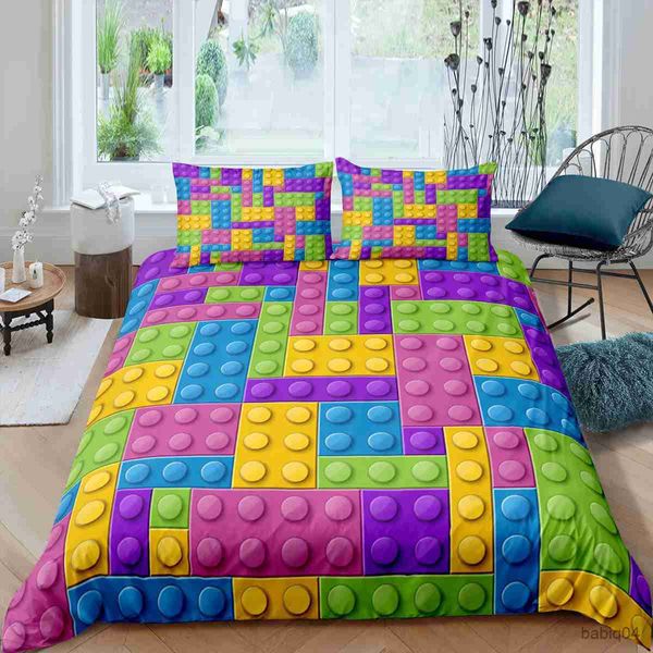 Conjuntos de cama Blocos Coloridos Capa de Edredão King / Queen SizeBuilding Toy Bedding Set Crianças Meninos Meninas Laranja Azul Divertido Tijolo Poliéster Quilt Cover