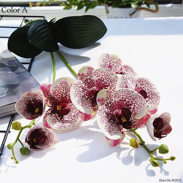 Dekorative Blumen Luxus-Latex-Orchidee mit Blättern, künstliche Blume, weiße Schmetterlings-Orchideen, gefälscht für Zuhause, Hochzeitsdekoration, Flores