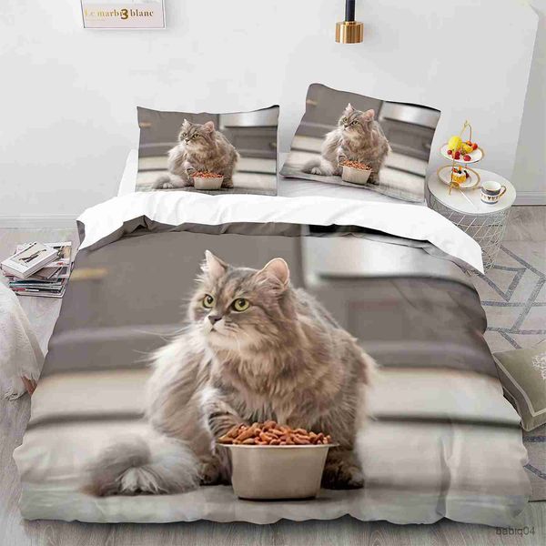 Conjuntos de cama Conjunto de capa de edredom de gato bonito Goldfish e Fish Tank Decor Consolador Capa Queen/Full Size Conjunto de cama 3 peças para crianças Poliéster macio