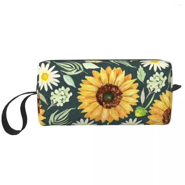 Sacos cosméticos personalizados florais girassóis e margaridas bolsa de viagem feminina flor higiene pessoal organizador de maquiagem senhoras beleza armazenamento dopp kit