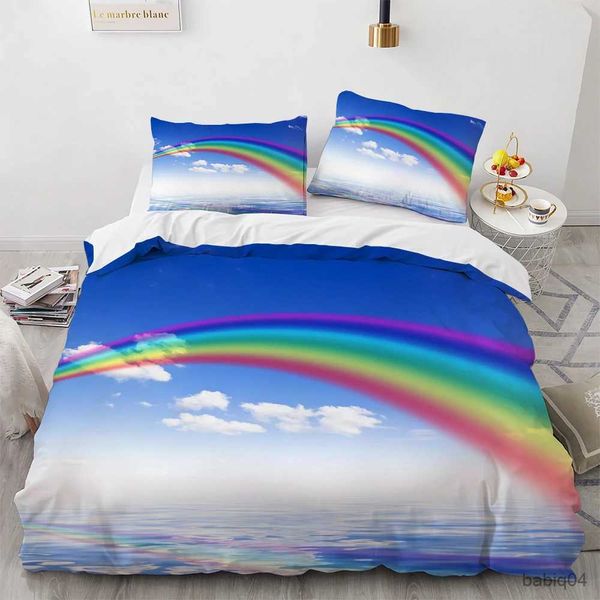 Conjuntos de cama Rainbow King Queen Capa de edredão Roxo Cloud Sky Conjunto de cama para crianças adolescentes adultos feminino colorido 2/3pcs capa de edredão de poliéster