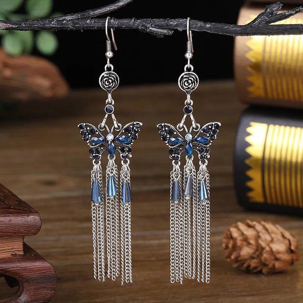Orecchini pendenti da donna Farfalla di cristallo blu Bohemien etnico Colore argento Nappa a catena lunga appesa per gioielli da sposa per ragazze