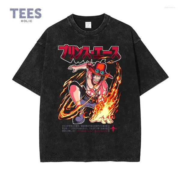 Camiseta masculina portgas d ace camisetas streetwear vintage lavado anime uma peça camisa harajuku verão manga curta manga topos t homem