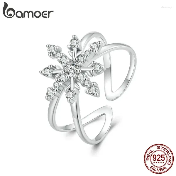 Cluster Anéis Bamoer 925 Sterling Silver Fantasy Snowflake Abertura Anel Geométrico Ajustável para Mulheres Festa Fine Jewelry
