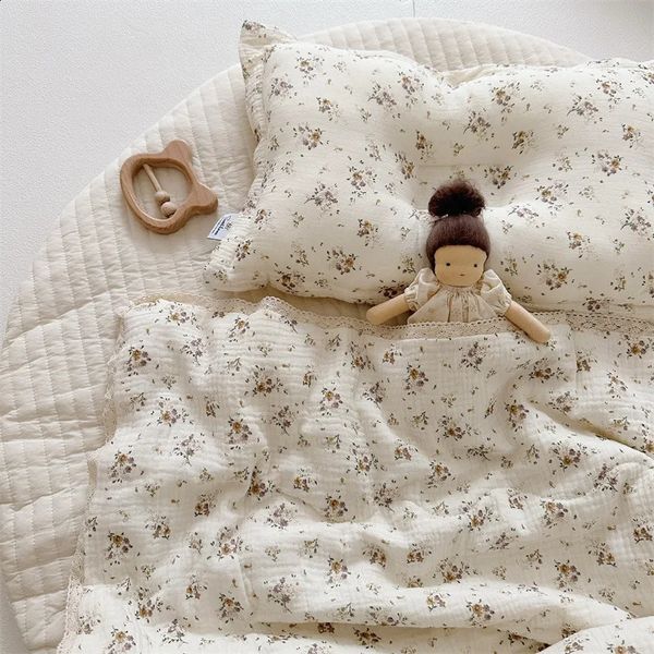 Koreanische Vintage Floral Bedruckte Rüschen Baumwolle Baby Bettbezug Kinder Kinder Baby Cot Krippe Abdeckungen Quilt Bettwäsche 240127