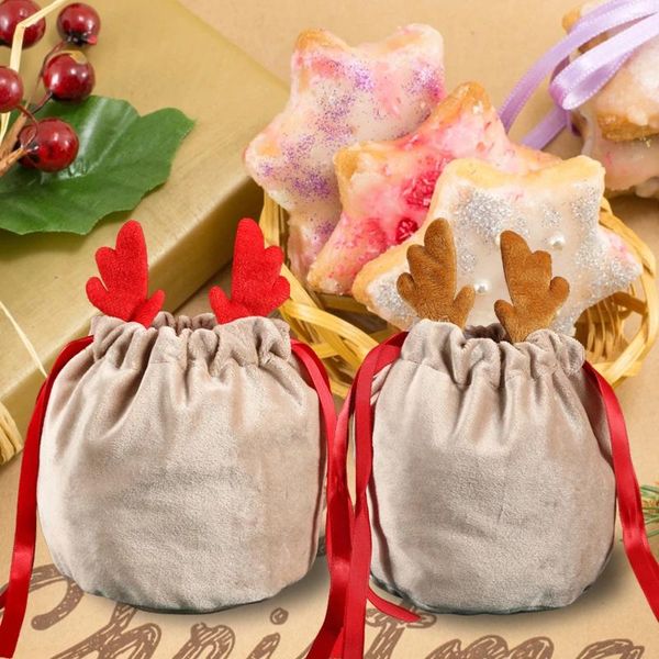 Decorações de natal 20 pçs sacos de doces com cordão chifres de veludo saco de embalagem reutilizável para festa de natal goodies embrulho decoração presente