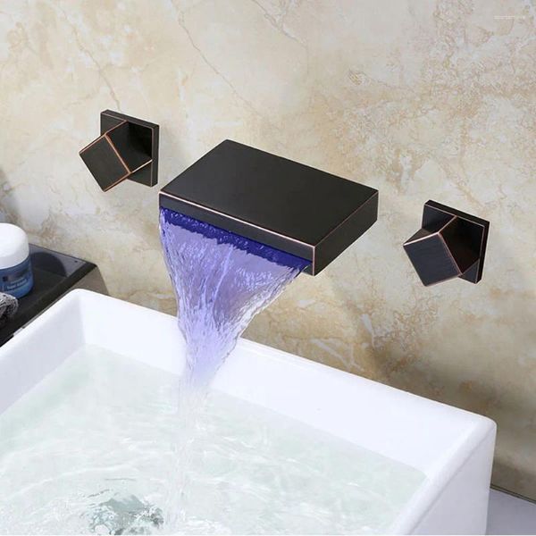 Rubinetti per lavandino del bagno Rubinetto a cascata LED ORB Vasca da bagno a parete Due maniglie Rubinetti con sensore di temperatura per lavabo a tre fori