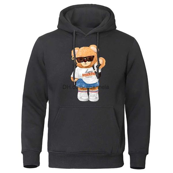 Felpe con cappuccio da uomo Felpe Happy Weekend Never Ends Teddy Bear Abbigliamento da uomo Personalità New Streetwear Felpa in pile tascabile O-Collo Pullover Uomo Felpa con cappuccio T240217