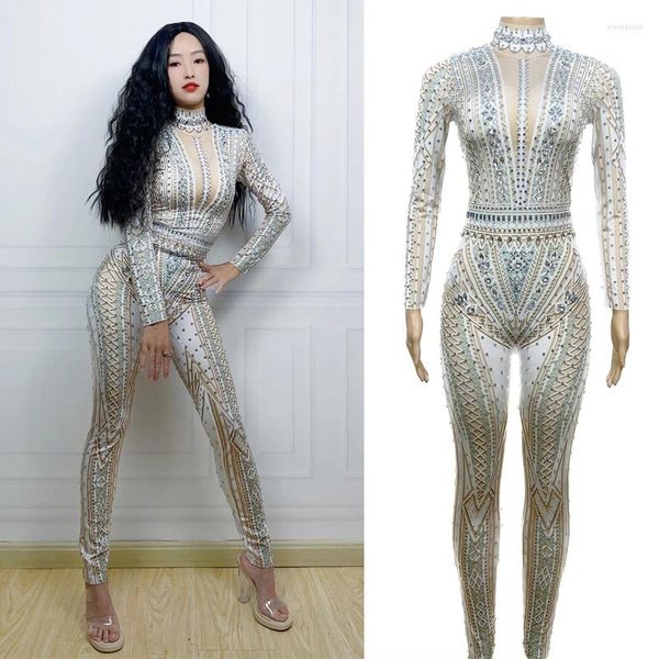 Stage Wear Lampeggiante Argento Strass Tuta Donna Jazz Costume da ballo Discoteca Dj Gogo Abbigliamento Festival Outfit XS6629