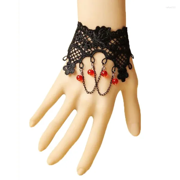 Link-Armbänder für Damen, Lolita, Gothic, schwarz, gestrickt, Spitze, Blume, Fledermaus-Stil, handgefertigtes Armband, Perlentropfen, geschichtete Kette, Quaste, Modeschmuck