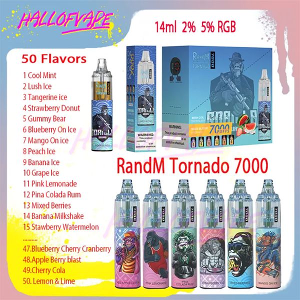 Original RandM tornado 7000 Puff E Cigarros 14ml 2% 5% 1000mAh Bettery 50 Sabores Caneta Vape Descartável Em Choque