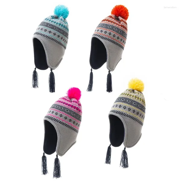 Berets Säugling Kinder Baby Winter Plüsch Futter Earflap Cap Geometrische Streifen Gestrickte Quasten Verdicken Warme Skifahren Beanie Hut