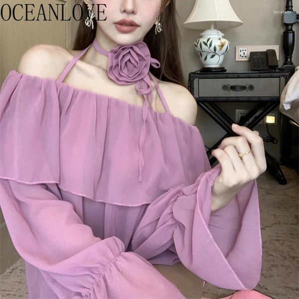 Damenblusen OCEANLOVE Chiffon Damen Tops Rüschen Solide Blumen Vintage Frühling Sommer Blusas Mujer Korean Fashion Flare Sleeve Shirts