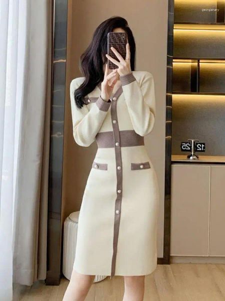 Casual Kleider Frauen Weibliche Kleidung Koreanische Herbst Langarm Gestrickte Büro Dame Kleid 2024 Chic Elegante Und Hübsche Vestidos