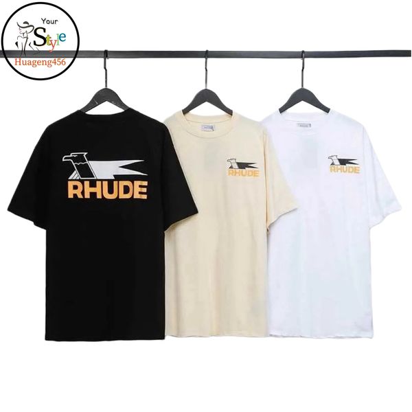 Homens camisetas Rhude Mens Camisetas Verão Primavera Moda Streetwear Engolir Impressão Camisetas Homens Mulheres Algodão Damasco Preto Branco Tee