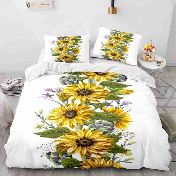 Set di biancheria da letto Set copripiumino girasole King/Queen Size Set di biancheria da letto naturale stampato in 3D Stampa Decor Piante botaniche Copripiumino giallo