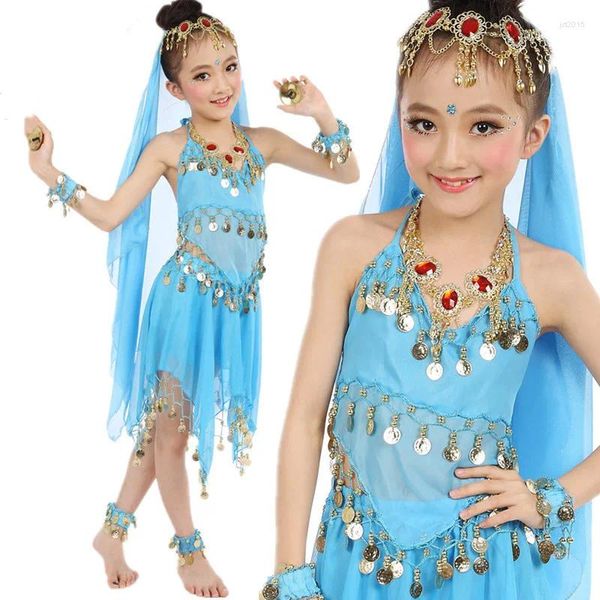 Costumi da ballo per ragazze, costumi di danza del ventre di Bollywood, set per bambini, vestito da spettacolo in chiffon per bambini, sari dell'India orientale