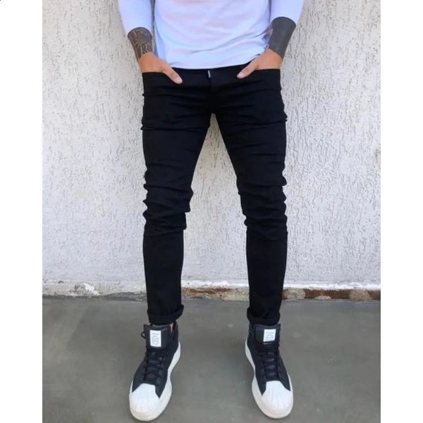 Primavera e outono novo preto elástico mens jeans ultra fino pés pequenos casual simples cor sólida mens calças jeans apertadas roupas de rua 240217