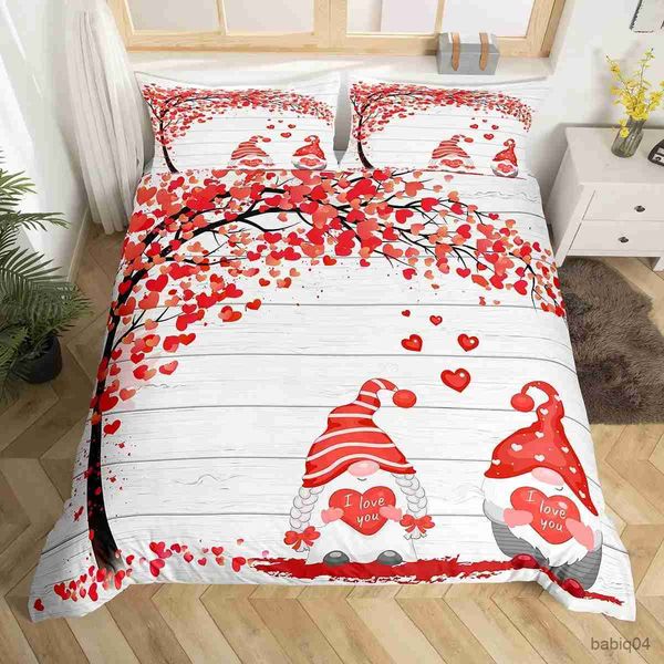 Conjuntos de cama Vermelho Dia dos Namorados Amor Coração Rei Rainha Capa de Edredão Romântico Gnome Conjunto de Cama Casal Árvore Pirulito Branco Poliéster Quilt Cover