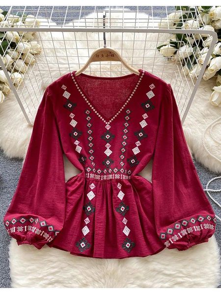 Blusas femininas blusa de outono vintage estilo étnico pesado indústria bordado manga longa topo 2024 cintura babados curto d4924