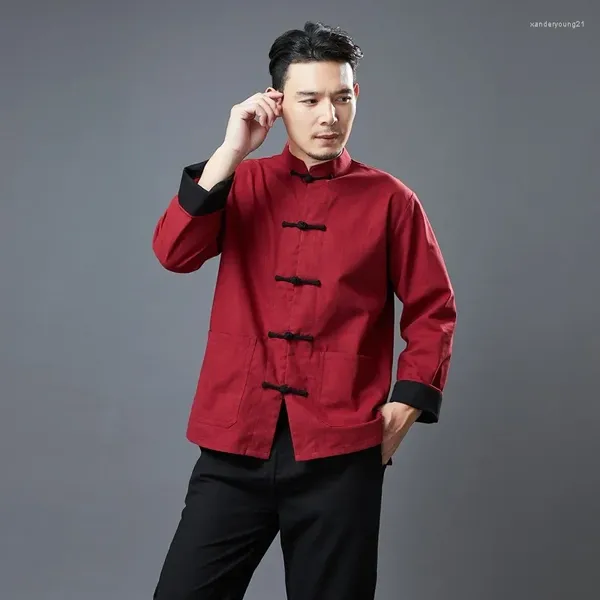 Roupas étnicas 2024 Primavera e Outono Mens Tradicional Chinês Tai Chi Traje Vintage Casual Homens Camisas de Manga Longa Tang Terno