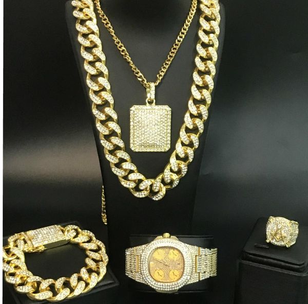 Homens de luxo relógio pulseira colar anel combinação conjunto gelo fora cubano relógio hip hop cristal miami colar corrente jóias para homem c18837100