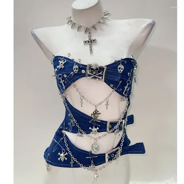 Canotte da donna Canotte incrociate Y2k Abbigliamento Crop Top Punk gotico Corsetto sexy Teschio