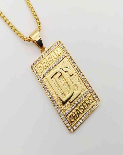 Pieno di strass Dream Chaser Pendenti Collane da uomo Bling hip hop Collana in acciaio inossidabile 316L DC per donna BLKN0835 20G01J1329232