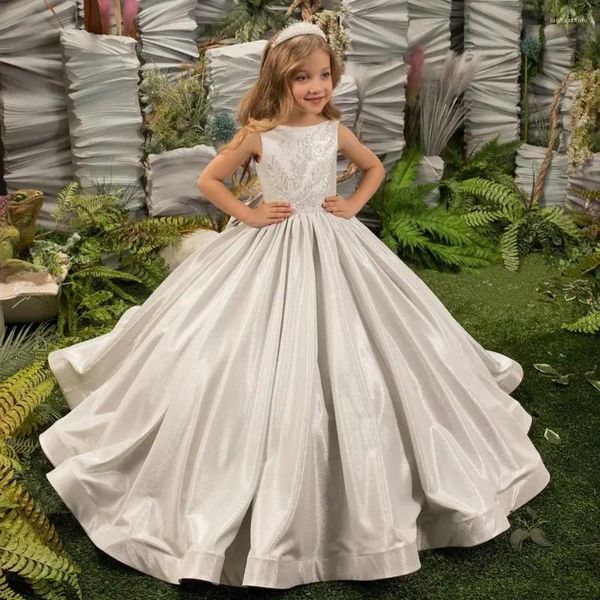 Mädchenkleider Silber Kind Blume Lange Applikation Rückenfrei Schleife Hochzeit Ballkleid Pailletten Prinzessin Geburtstag Festzug Kleid mit Schleppe