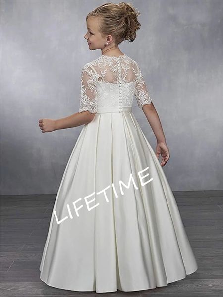 Белые платья для девочек-цветочниц, атласные аппликации, с половиной рукавом для свадьбы, дня рождения, торжества, банкета, платья принцессы 240220