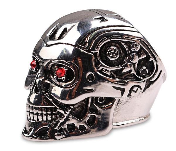 Nova alta qualidade steampunk biker terminator máscara crânio legal acessórios de halloween anéis masculinos retro cristal vermelho jóias 4458694