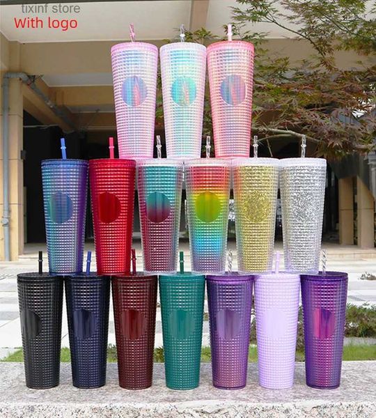 Tumbler 700ml 710ml 22oz 24oz DIY Yeni Çift Duvar Plastik Mısır Tumbler Saman Samanlı Tumbler Starbks Kahve Kupası T240218