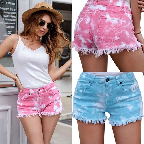 2023 Neue Amazon Cross Border Foreign Trade Mode-Denim-Shorts mit mittlerer Taille, helle Farbe, gewaschen, mit Batikmuster und Quasten-Stil