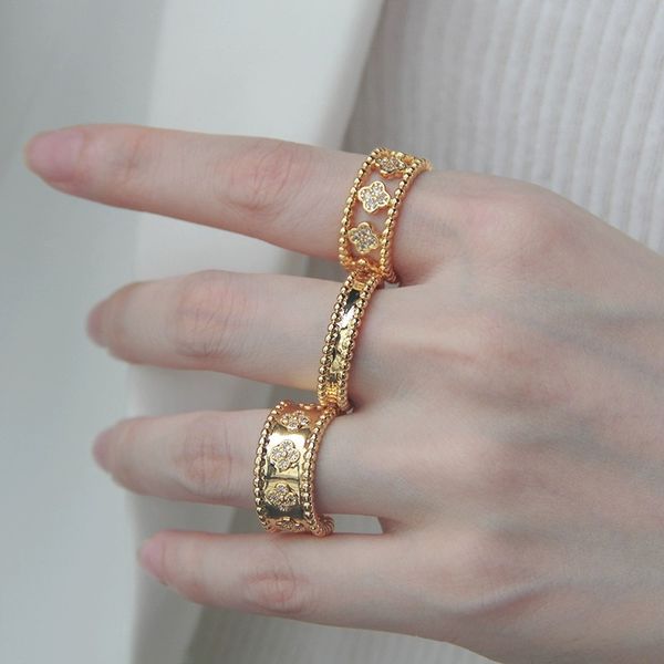 2024 Banda larga Four Clover Cleef caleidoscópio para mulheres anéis de anel de diamante de diamante Gold Gold
