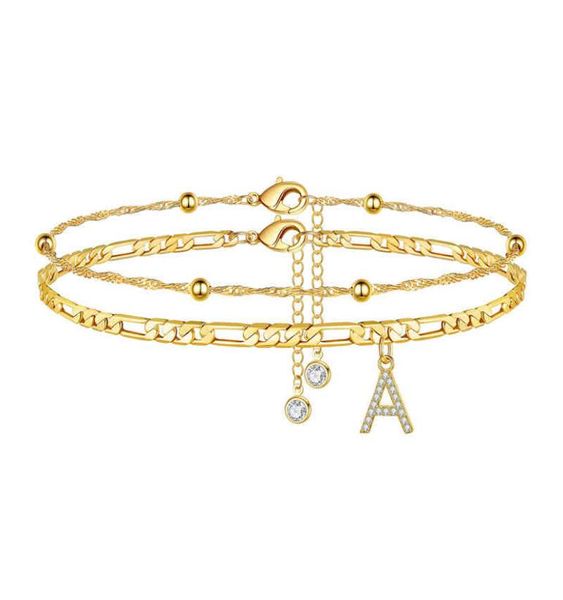 Set di 2 pezzi Set di cavigliere placcato oro reale 14K per gioielli da spiaggia da donna Esagono Lettera iniziale dell'alfabeto AZ quot Clear Summer7074132