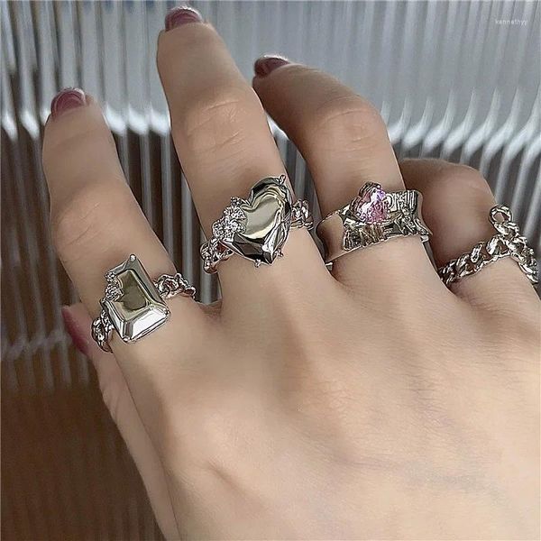 Anéis de cluster punk quebrado metal aberto anel rosa cristal amor coração cruz para mulheres menina oca corrente geométrica irregular y2k jóias