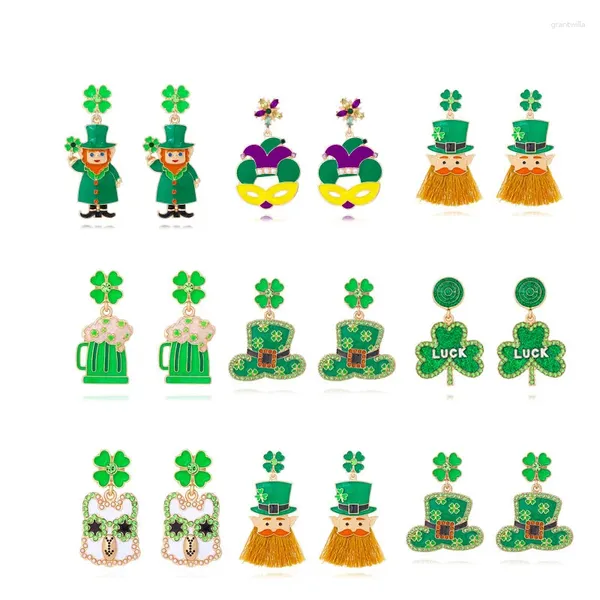 Orecchini pendenti Cerchio carino Verde San Patrizio Strass Lucky Clover Birra Maschera per feste Placcato oro Aretes De Mujer Gioielli per donna