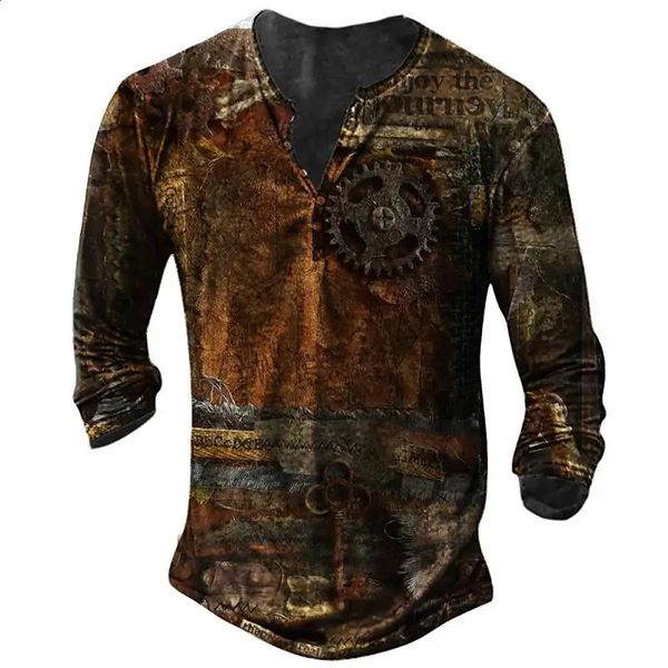 Vintage impressão algodão masculino camiseta manga longa vneck topo camisa gráfica outono casual roupas de grandes dimensões botão barco âncora t 240130