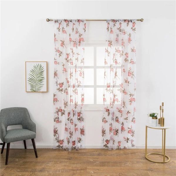 Cortina 1 peça semi-sombreamento rosa flor janela voile cortinas para quarto sala de estar-100x200cm (rosa)