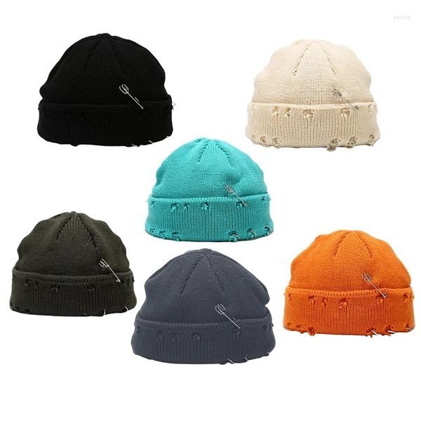 Top Caps Unisex Kış Örme Beanie Şapka Pimler O-Ring Vintage Sıkıntılı Delik Düz Renk Hip Hop Streç Kelepik Damla