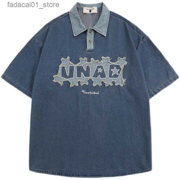 Polos maschile uomini camicia in denim camicia streetwear harajuku lettere patch disegni ricami a maniche corte magliette da jeans uomo cotone cotone tops blu q240218