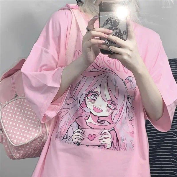 Camisetas femininas primavera e verão moda coreana ins rosa bonito dos desenhos animados menina impressão solta casual manga curta camiseta mulheres top y2k