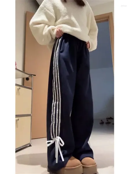 Pantaloni da donna Pantaloni sportivi in pile Deeptown Y2K con fiocco Pantaloni da jogger a righe Harajuku oversize stile coreano con nastro invernale spazzolato