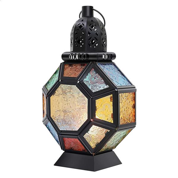 Retro ferro vela lanternaportátil marroquino vitral titular pendurado lâmpada cavalo luz vento lanternahome decoração 240125