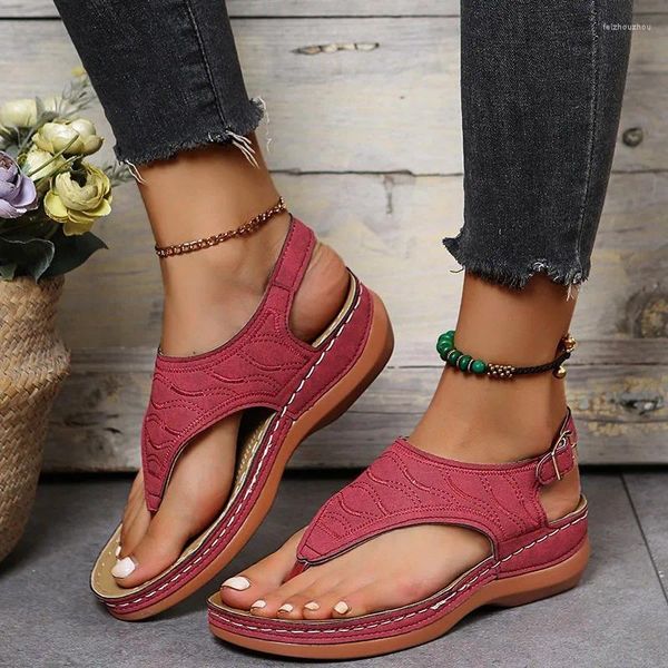 Sandalen Damen Sommer Damen Keilabsatz PU-Ledermaterial Einfarbig Dicke Sohle Schnallenriemen Mode Lässig Strand