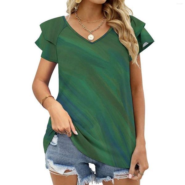 Camisetas femininas misturadas pintura-verde e azul plissado manga curta verão v pescoço topos moda casual camiseta pintura a óleo verde