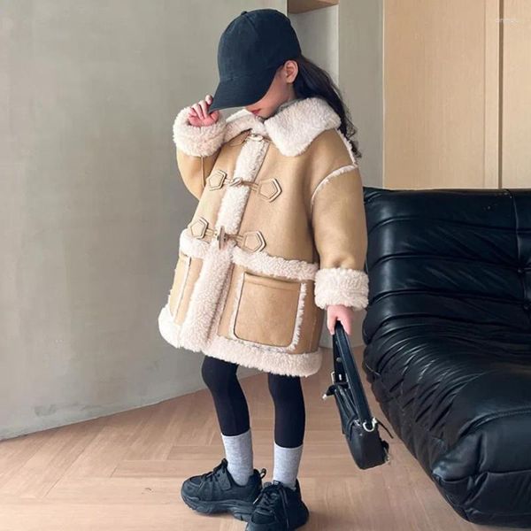 Jaquetas de inverno moda lã camurça casacos chifre botão design crianças mais grosso quente outerwear meninos meninas jaqueta casaco a3111